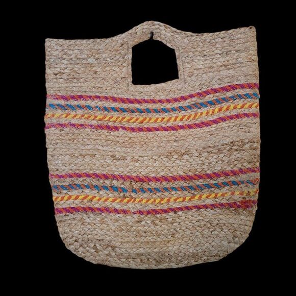 Handwoven Straw Tote Bag With Colorful Stripes Natural Fiber Eco-Friendly Boho S - Picture 2 of 4